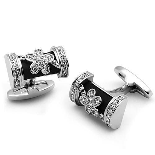 Brass Silver Black Onyx CZ Fleur De Lis Cufflinks Ring