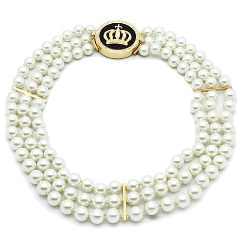Brass Gold White Pearl Crown Medallion Triple Strand Necklace