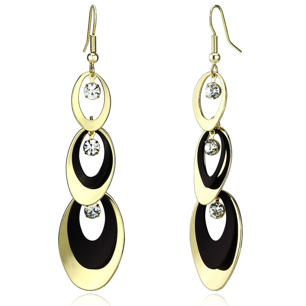 Iron Gold Black Enamel Oval CZ Triple Drop Earrings