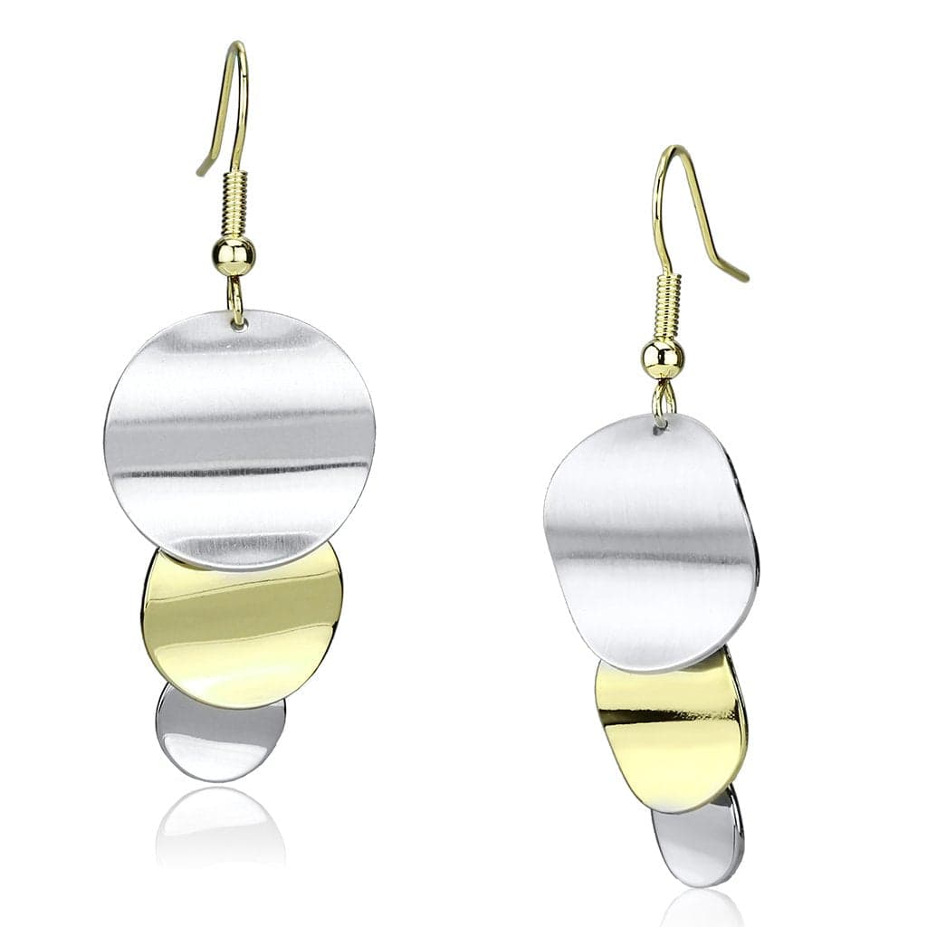 Iron Two Tone Silver Gold Brushed Curved Disc Drop Earrings