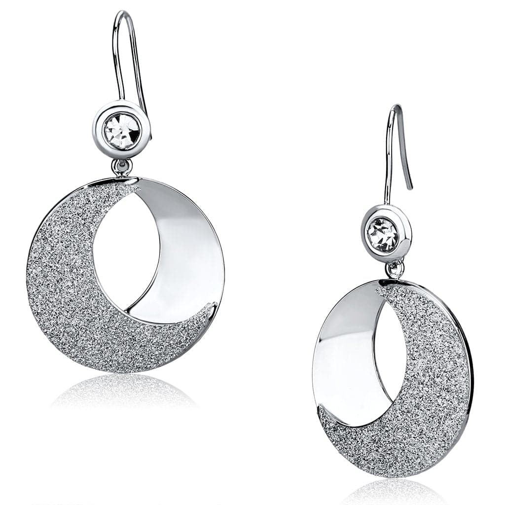 Iron Silver Glitter Crescent Moon Oval CZ Drop Earrings