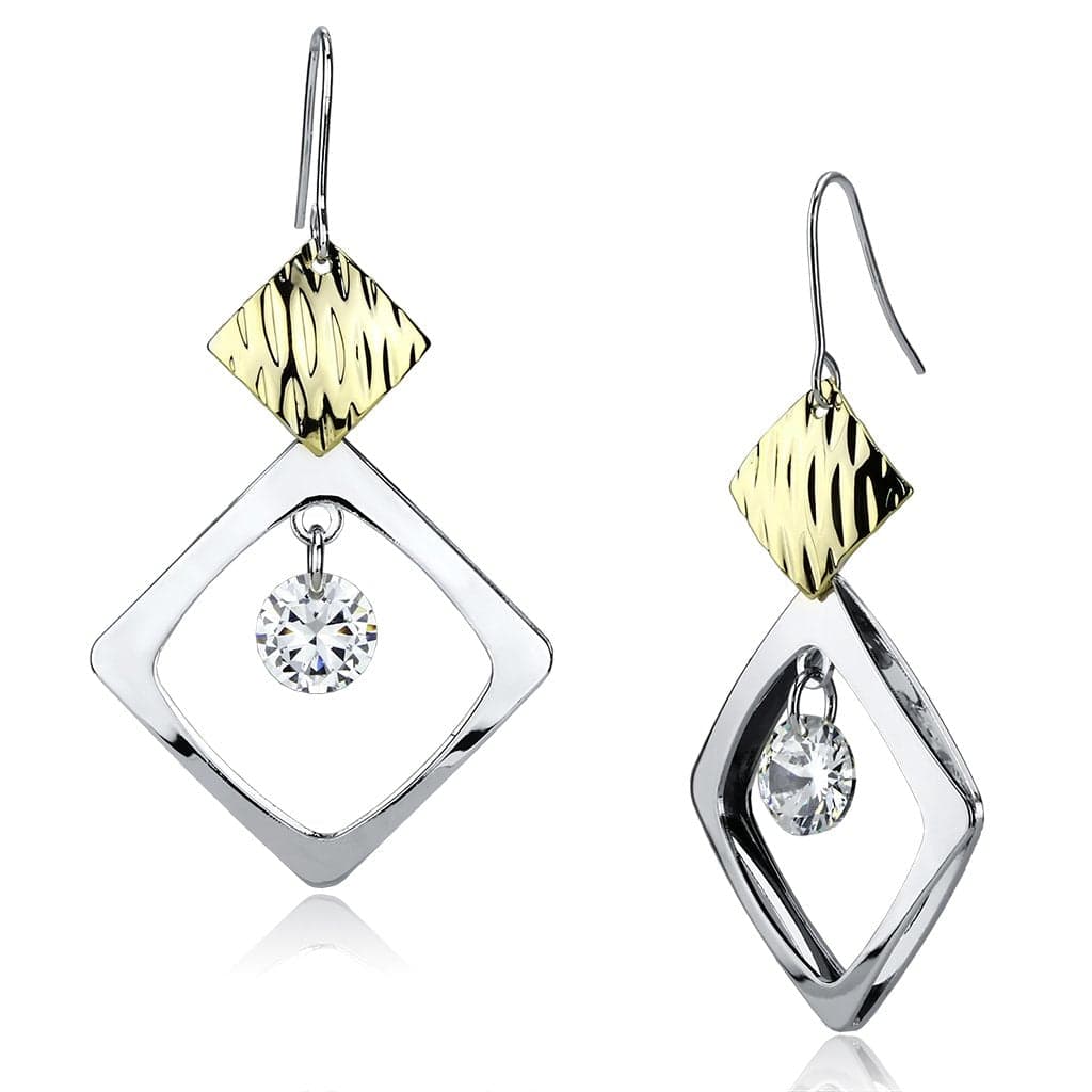 Iron Silver CZ Diamond Square Textured Gold Drop Earrings