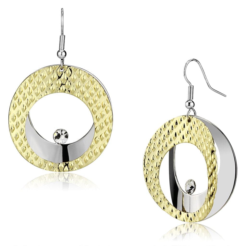 Iron Two Tone Gold Silver Hammered Disc Circle CZ Drop Earrings