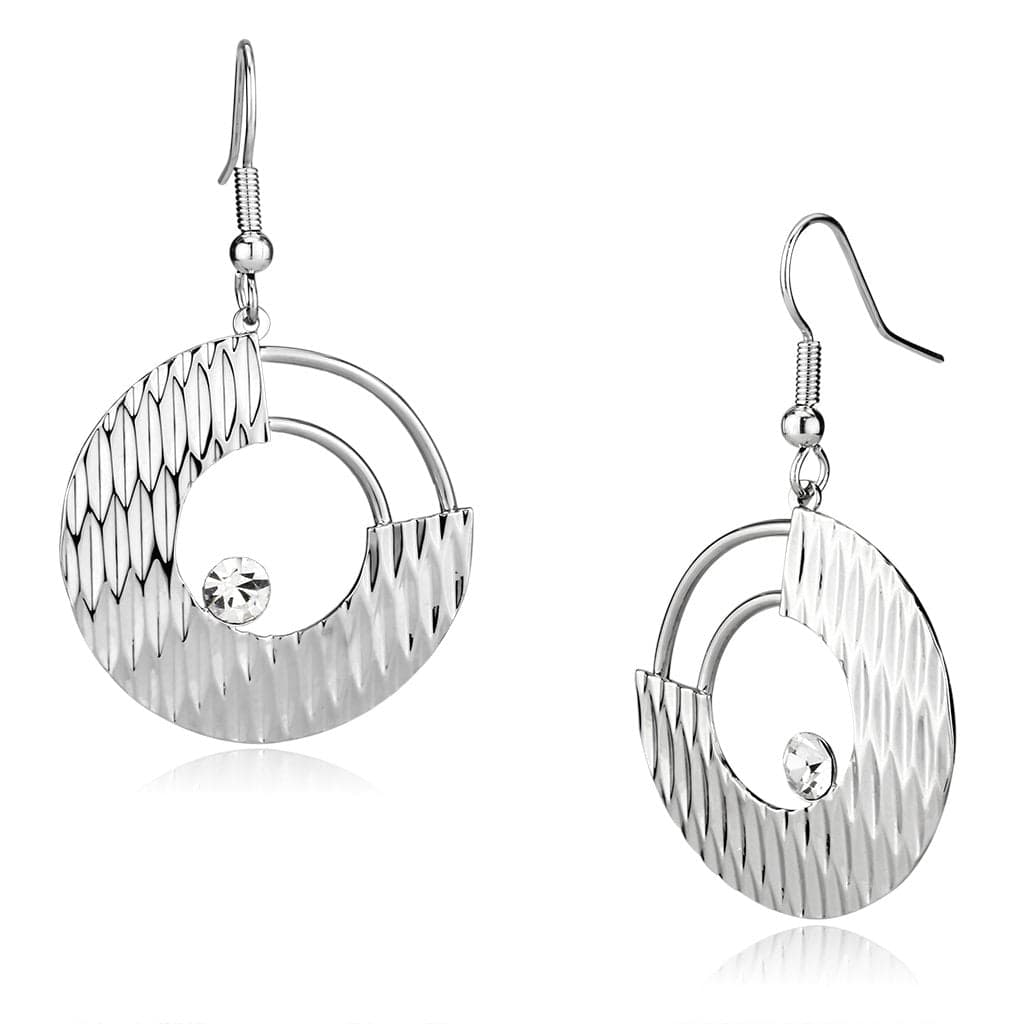 Iron Silver Textured Ribbed Circle CZ Hoop Drop Earrings