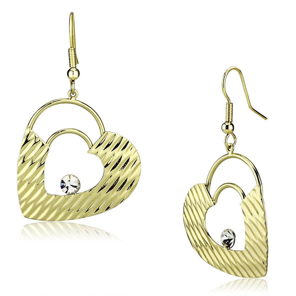 Iron Gold Textured Ribbed Heart CZ Drop Earrings