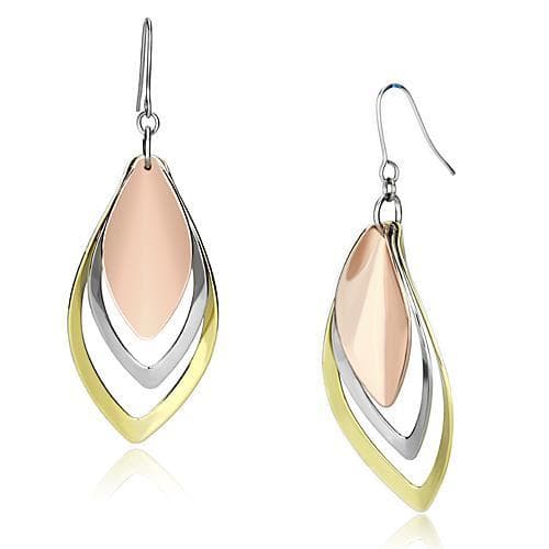 Iron Tri Tone Rose Gold Silver Gold Nested Marquise Leaf Earrings
