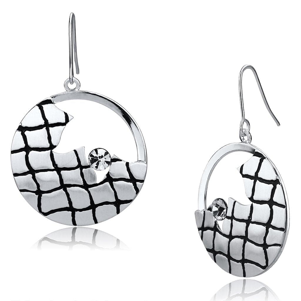 Iron Silver Black Crosshatch Grid Circle CZ Drop Earrings