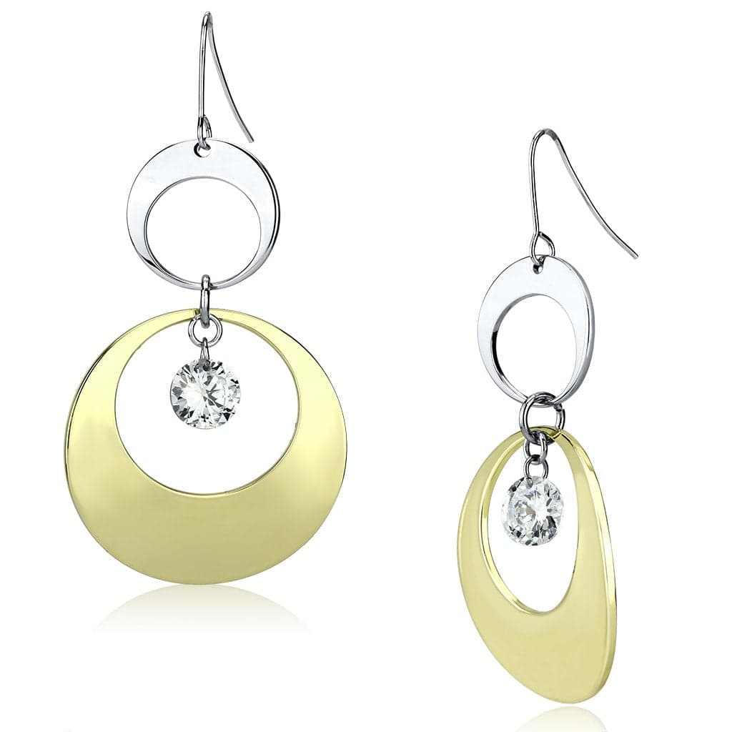 Iron Two Tone Gold Silver Circle Oval CZ Triple Drop Earrings
