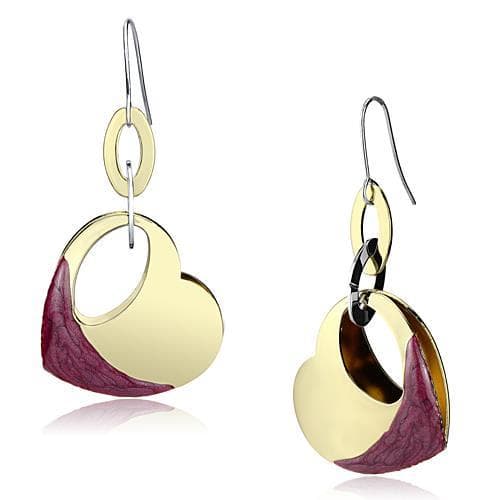 Iron Gold Purple Leather Disc Heart CZ Drop Earrings