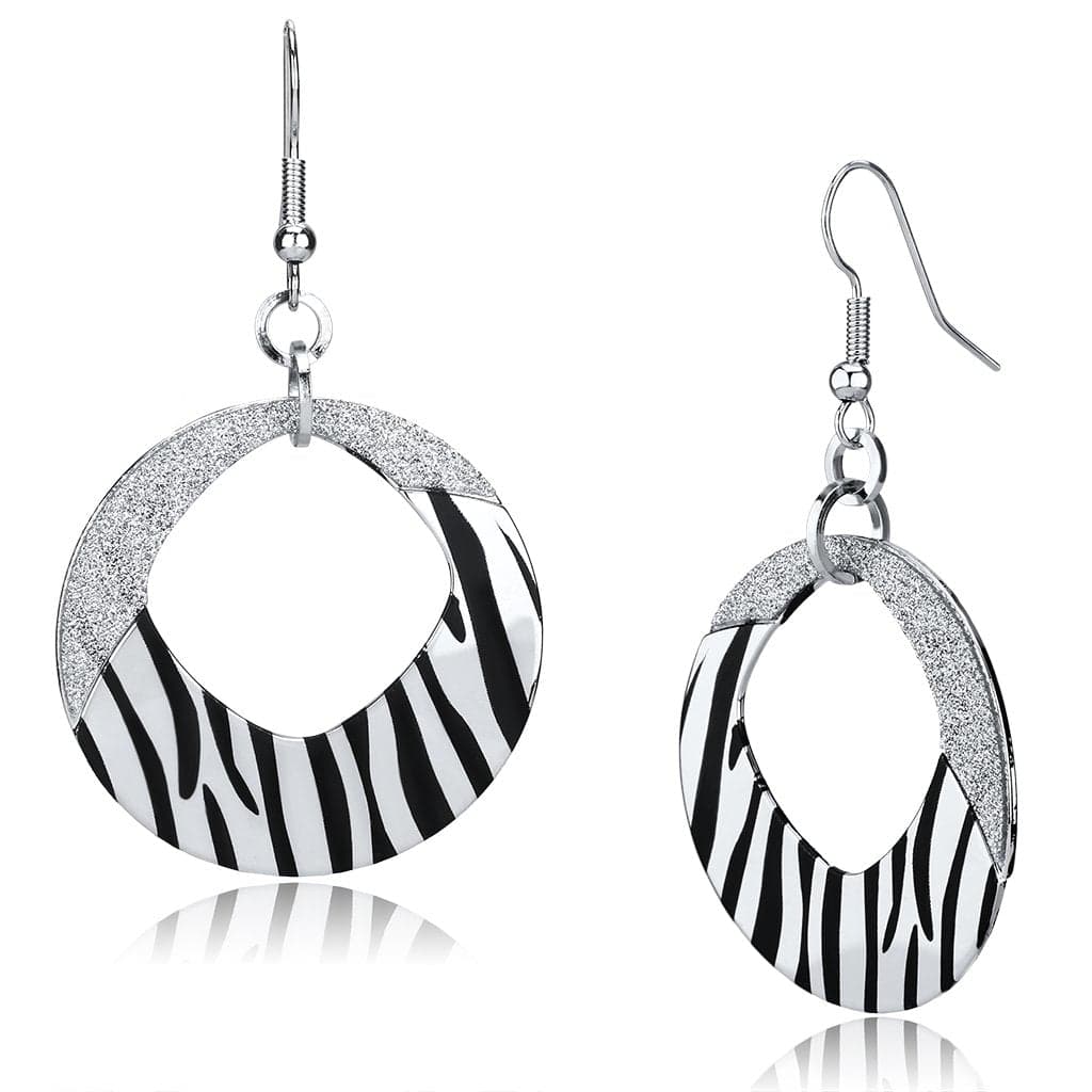 Iron Silver Zebra Print Glitter Circle Oval Drop Earrings