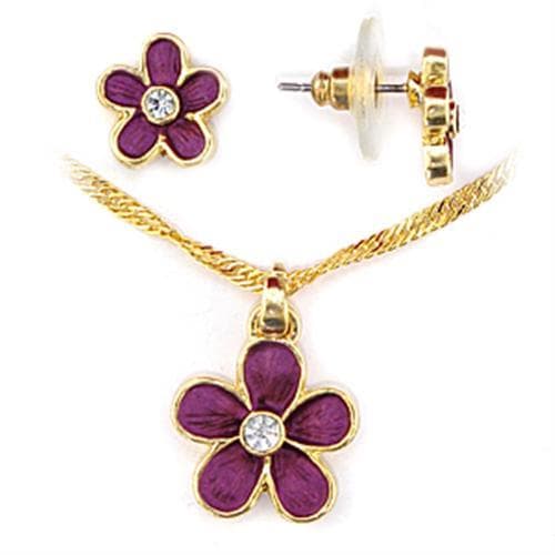 Brass Gold Purple Enamel Flower Stud Pendant Necklace Set