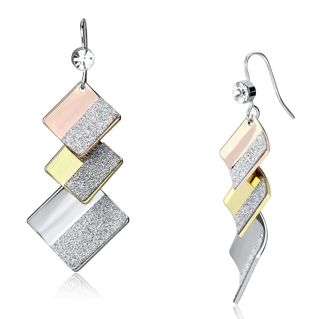 Iron Tri Tone Rose Gold Silver Glitter Geometric Square Earrings