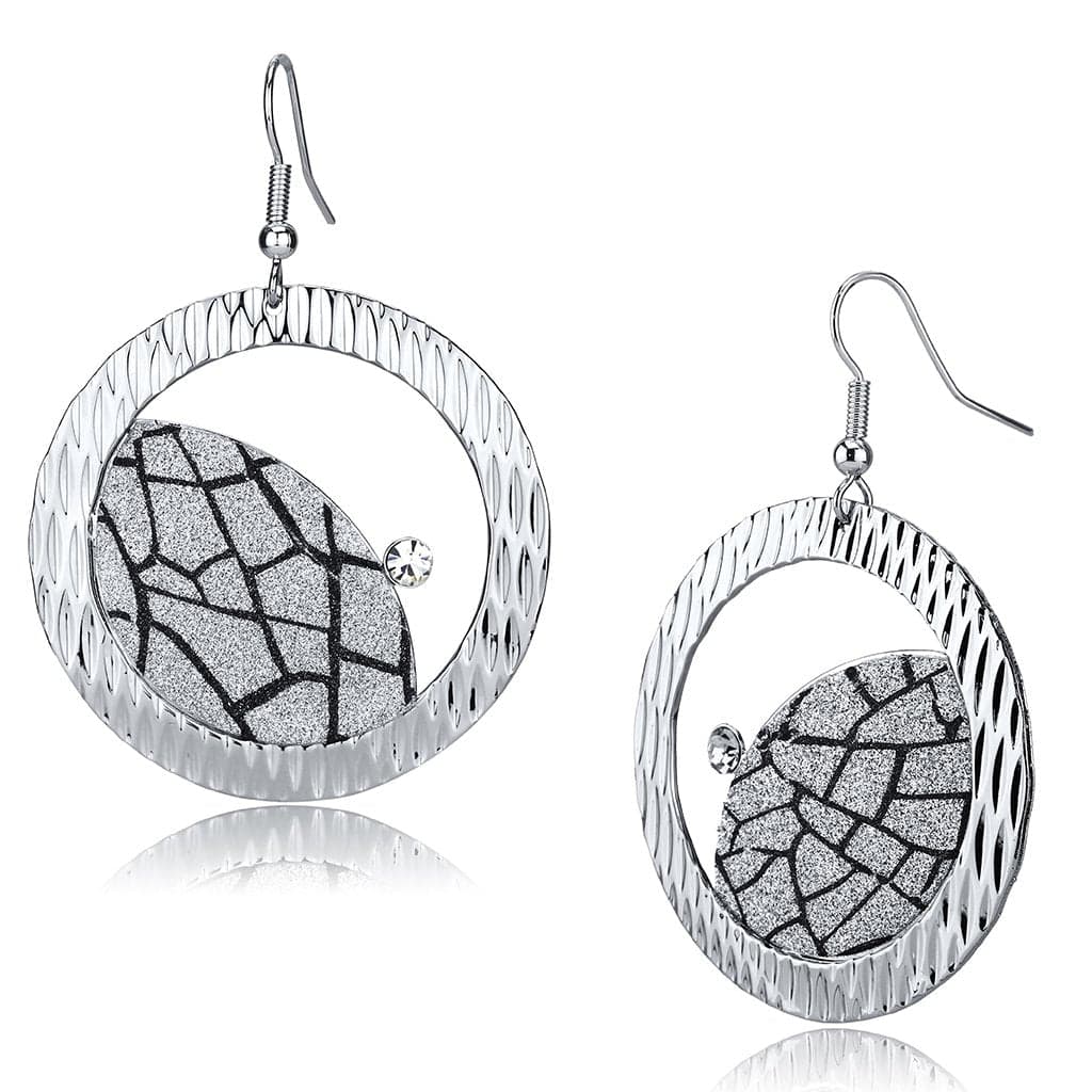 Iron Silver Glitter Mosaic Crackle Ribbed Circle Disc Earrings