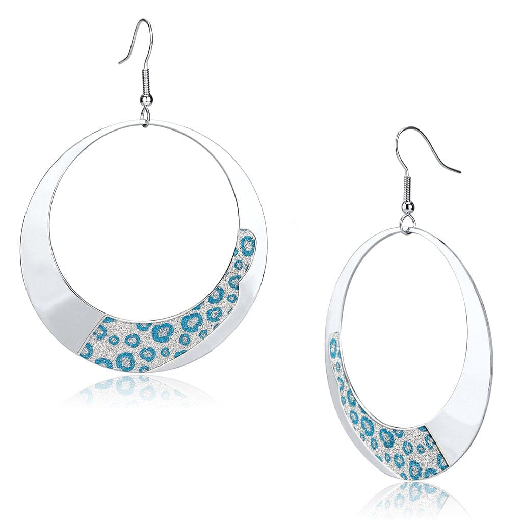 Iron Silver Blue Leopard Print Oval Hoop Drop Earrings