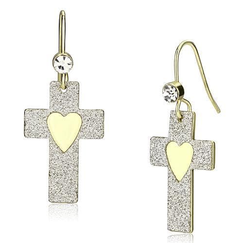 Iron Gold Glitter Heart Cross CZ Drop Earrings
