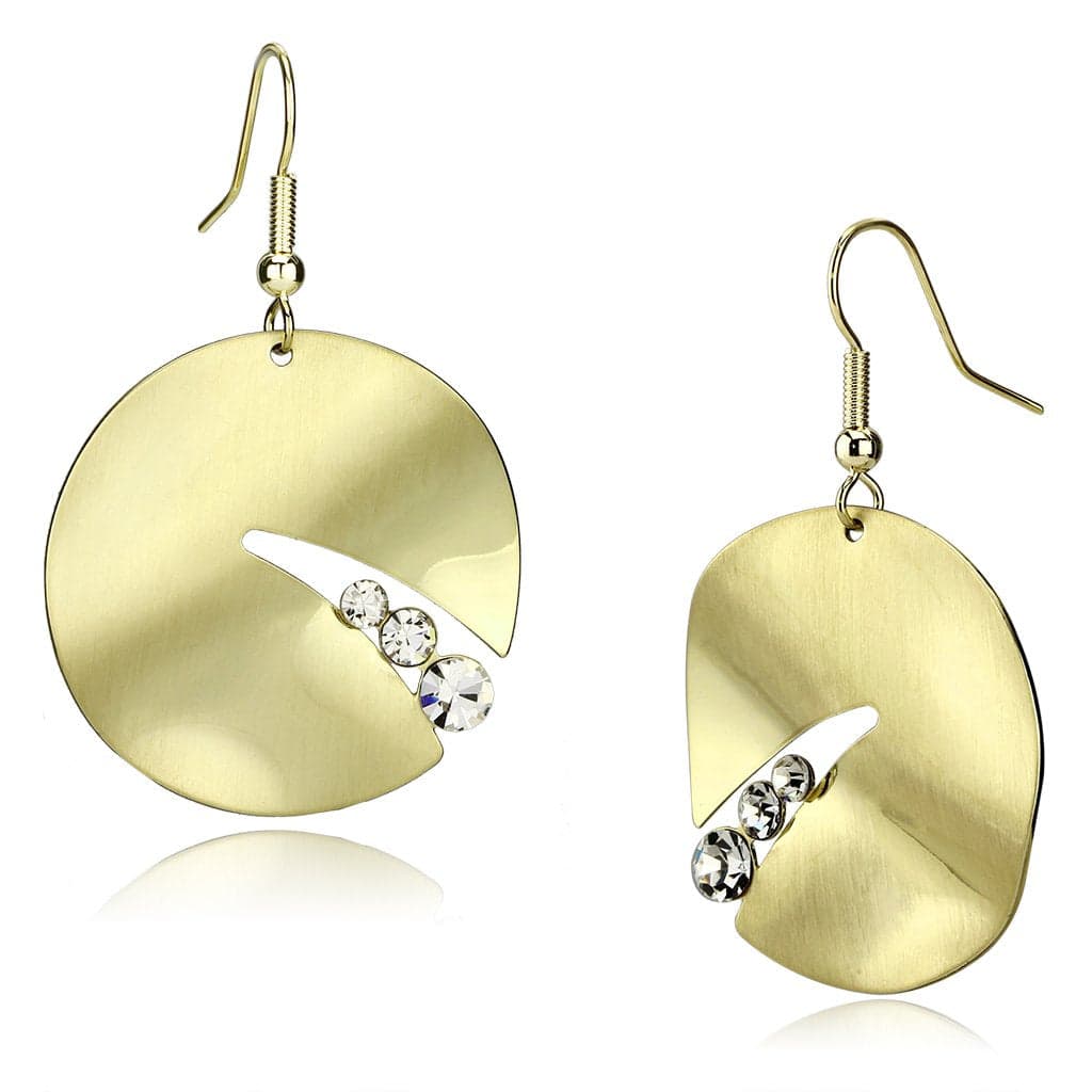 Iron Gold Brushed Satin Oval Disc CZ Slash Drop Earrings