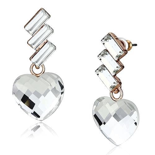 Iron Rose Gold Clear Crystal Heart Baguette Linear Drop Ring