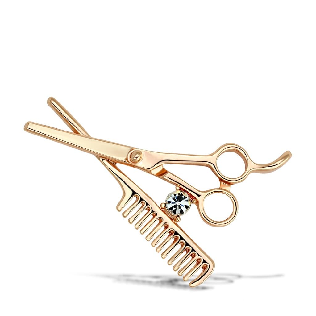 Brass Rose Gold CZ Scissors Comb Hairdresser Brooch