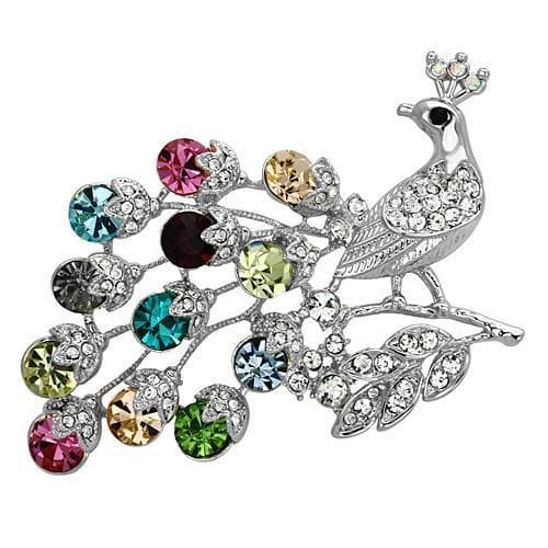 Brass Silver Multi Color Crystal Peacock Brooch
