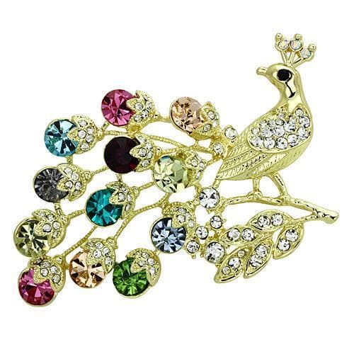 Brass Gold Multi Color Crystal Peacock Brooch