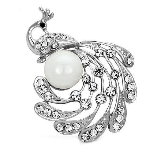 Brass Silver Pearl CZ Peacock Feather Swirl Brooch