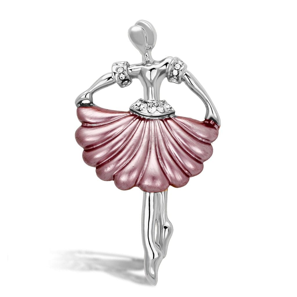 Brass Silver Pink Enamel Crystal Ballerina Dancer Brooch