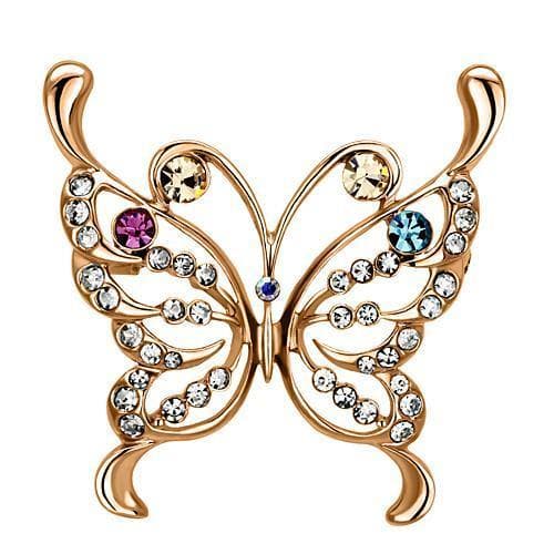 Brass Rose Gold Multi Color Crystal Open Wing Butterfly Brooch