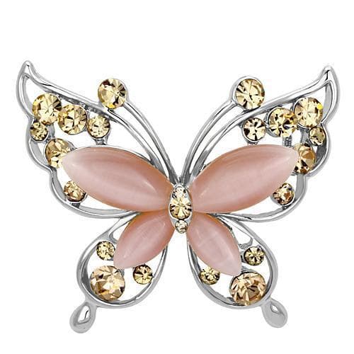 Brass Silver Pink Opal Champagne Crystal Butterfly Brooch