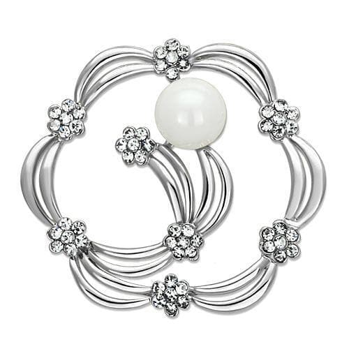 Brass Silver Pearl Crystal Flower Wreath Circle Brooch