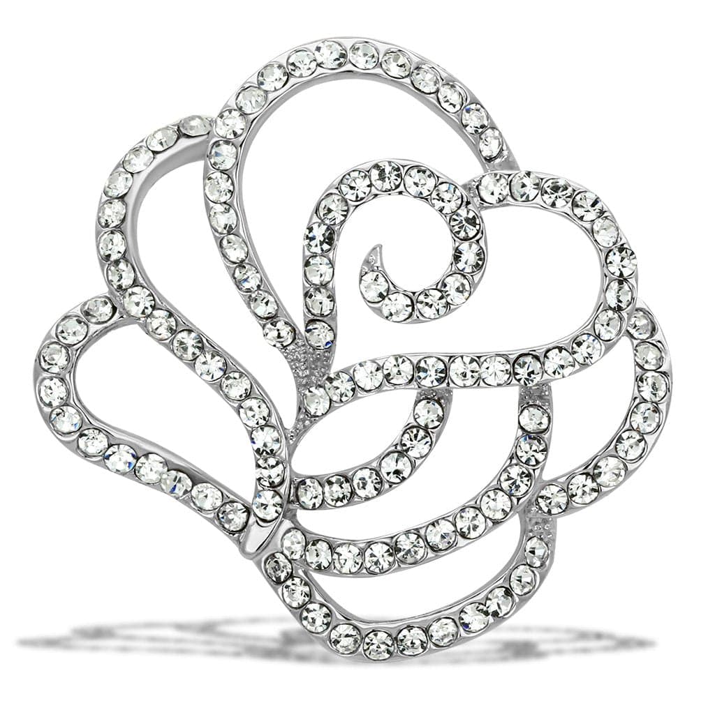 Brass Silver CZ Pave Open Rose Flower Brooch