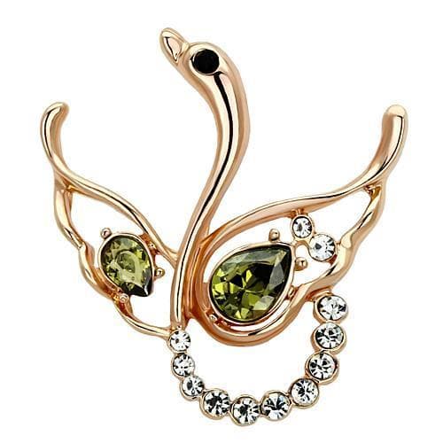 Brass Rose Gold Green CZ Pave Double Swan Heart Brooch