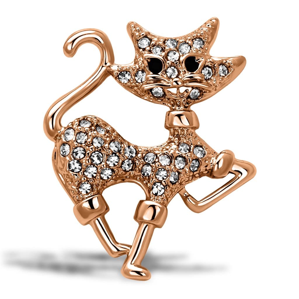 Brass Rose Gold Crystal Pave Double Cat Kitten Brooch