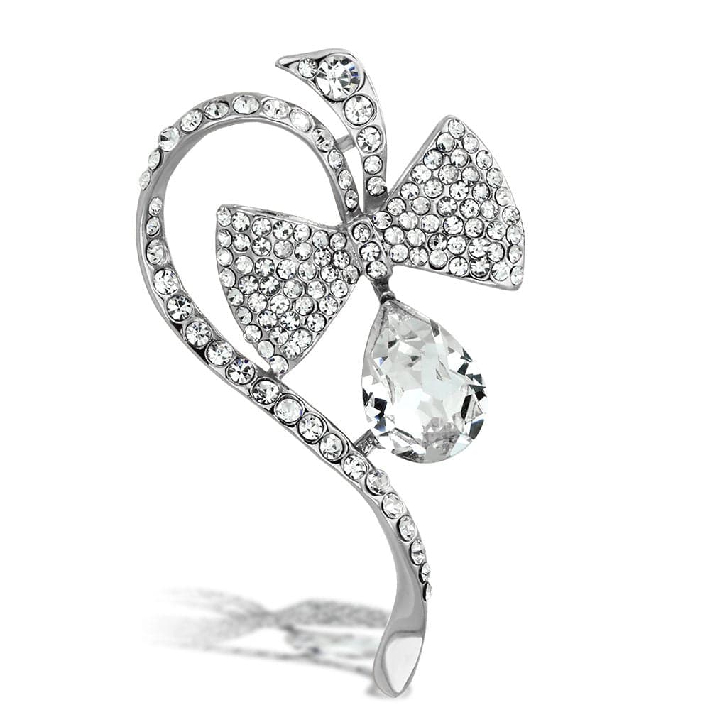 Brass Silver Clear Crystal Pear Drop Leaf Curl Brooch