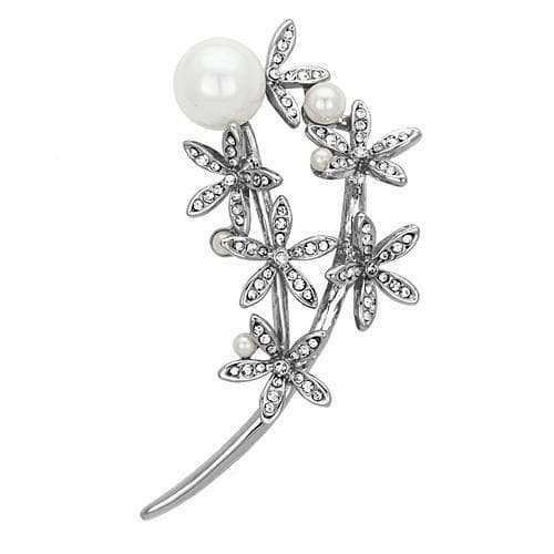 Brass Silver Pearl CZ Pave Triple Daisy Flower Stem Brooch