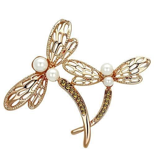 Brass Rose Gold Pearl Crystal Pave Double Dragonfly Brooch