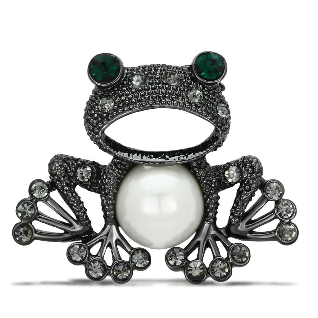 Brass Gunmetal Green Crystal Pearl Pave Frog Brooch