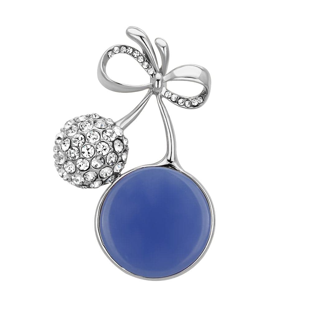 Brass Silver Blue Enamel CZ Cherry Fruit Bow Brooch