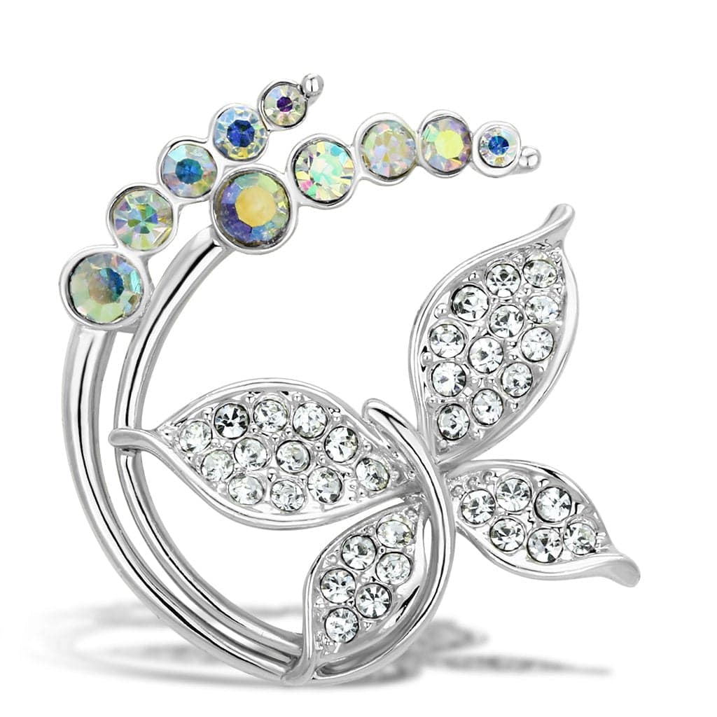 Brass Silver Aurora Borealis Crystal Butterfly Leaf Brooch
