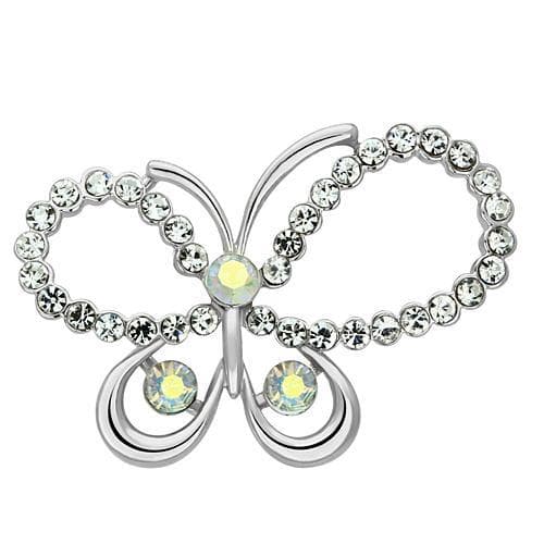 Brass Silver Aurora Borealis CZ Open Wing Butterfly Brooch