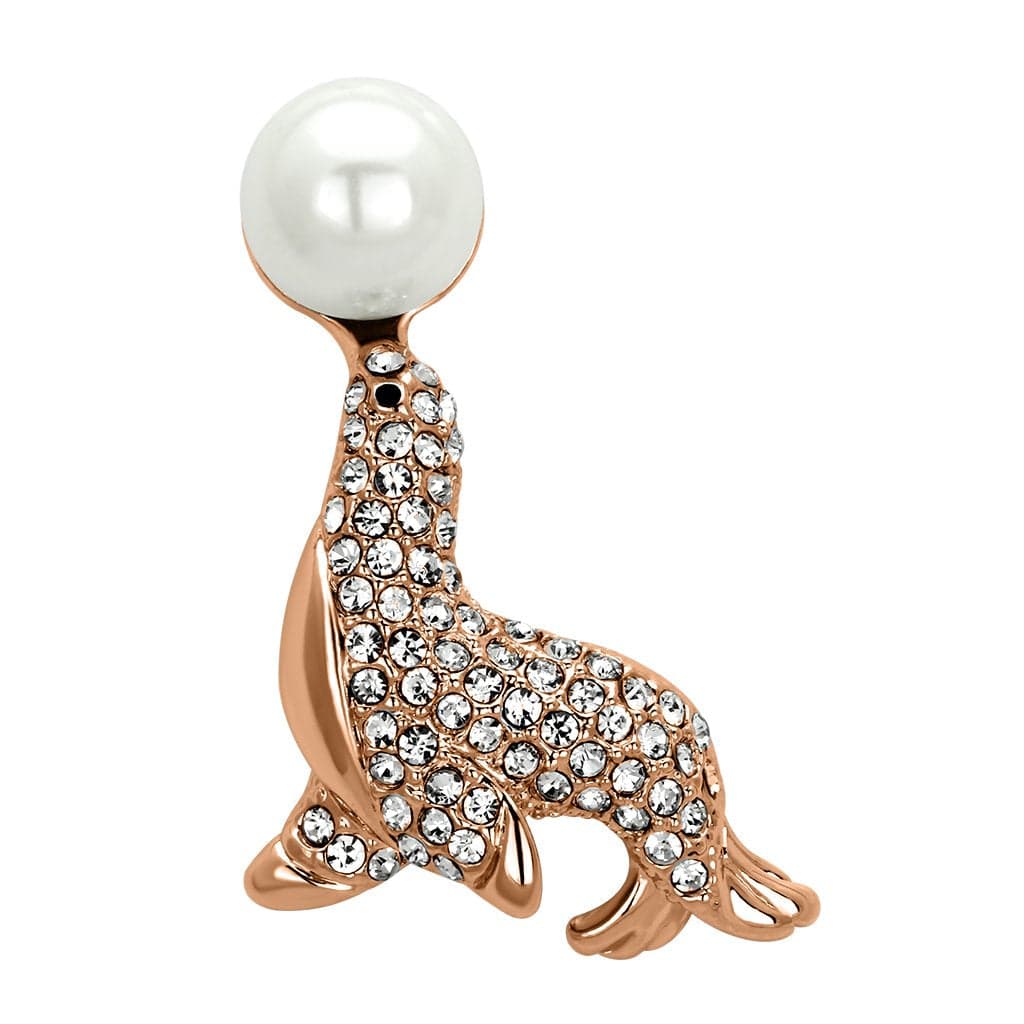 Brass Rose Gold Pearl Crystal Pave Sea Lion Seal Brooch LO2872