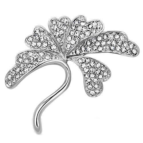 Brass Silver Crystal Pave Ginkgo Leaf Brooch LO2874