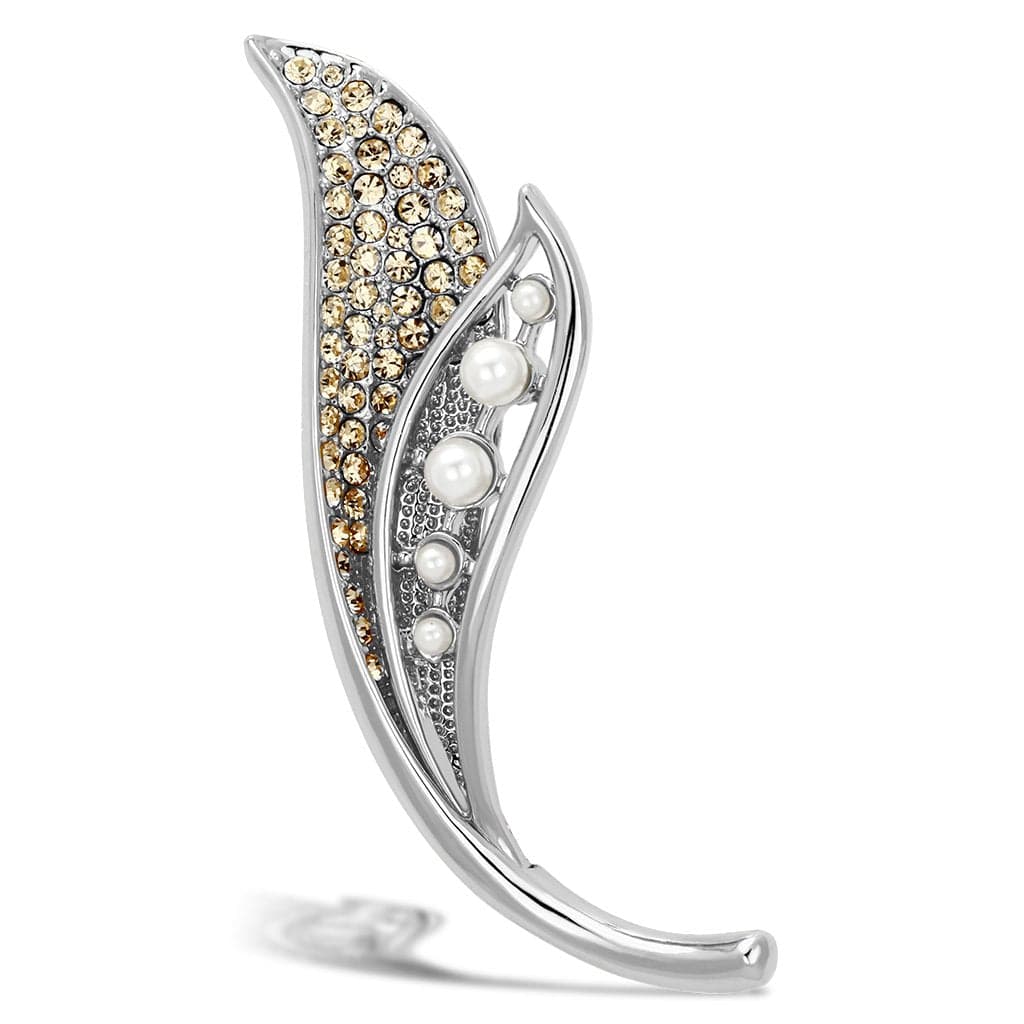 Brass Silver Champagne Crystal Pearl Leaf Vine Brooch