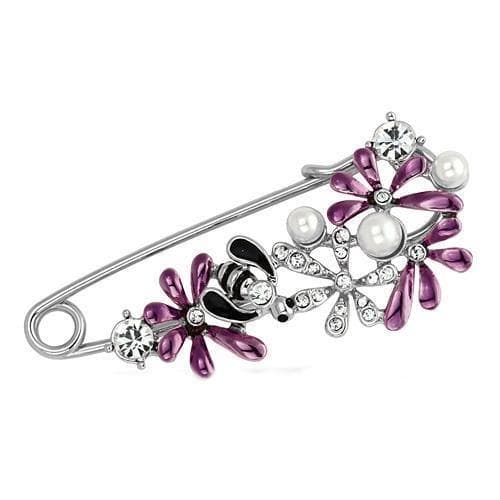 Brass Silver Purple Enamel Pearl CZ Bee Flower Safety Pin Brooch