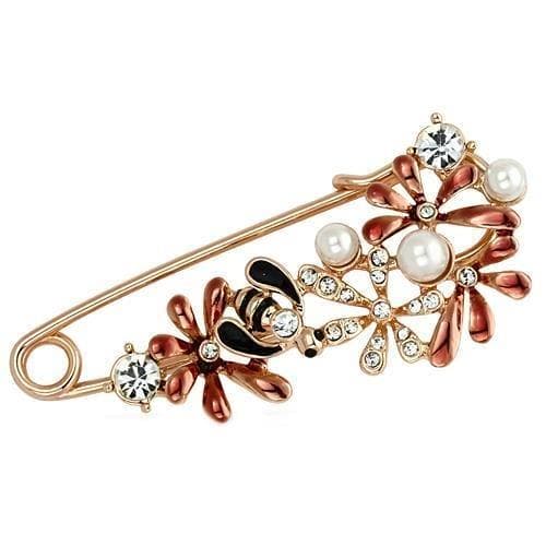 Brass Rose Gold Pearl CZ Bee Flower Safety Pin Brooch