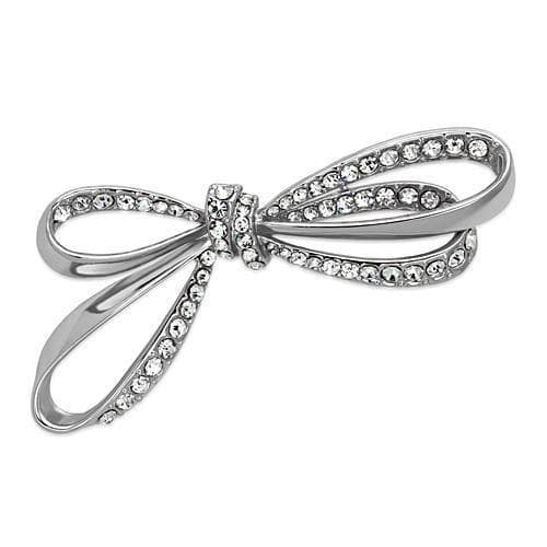 Brass Silver CZ Pave Ribbon Bow Slim Brooch