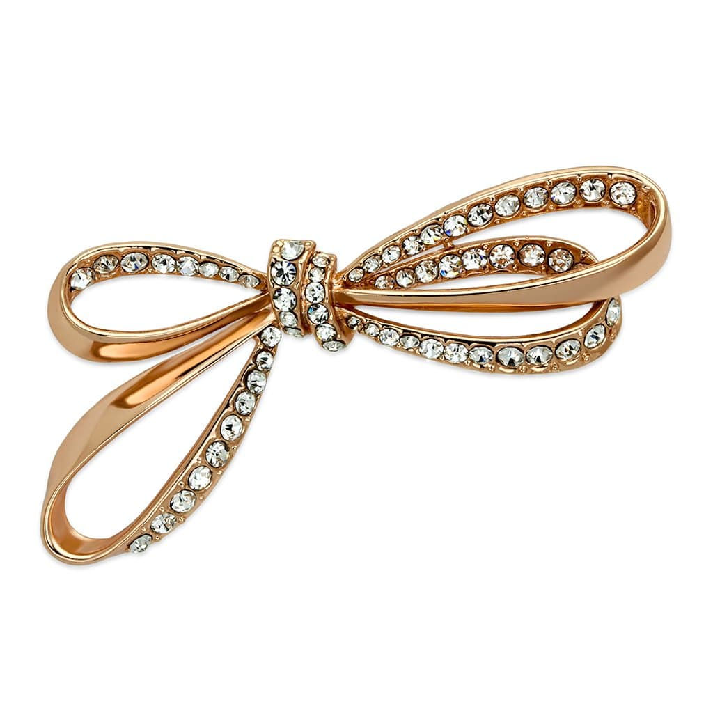 Brass Rose Gold CZ Pave Ribbon Bow Slim Brooch