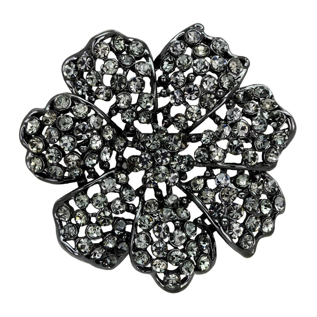 Brass Gunmetal Grey Crystal Filigree Flower Brooch