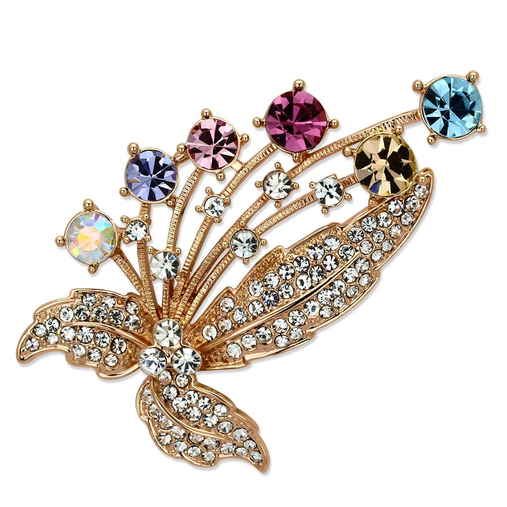 Brass Rose Gold Multi Color Crystal Flower Bouquet Spray Brooch
