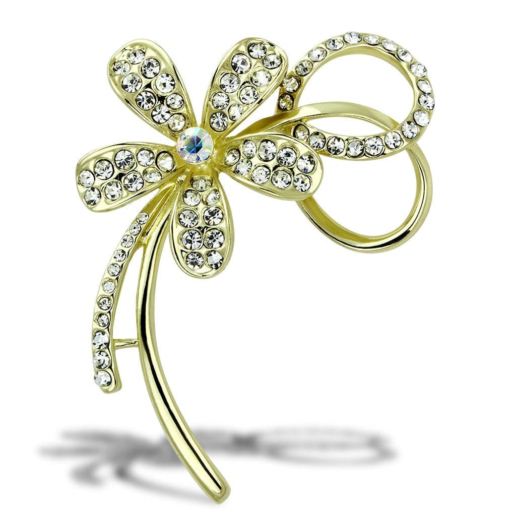 Brass Gold CZ Pave Open Petal Daisy Flower Brooch