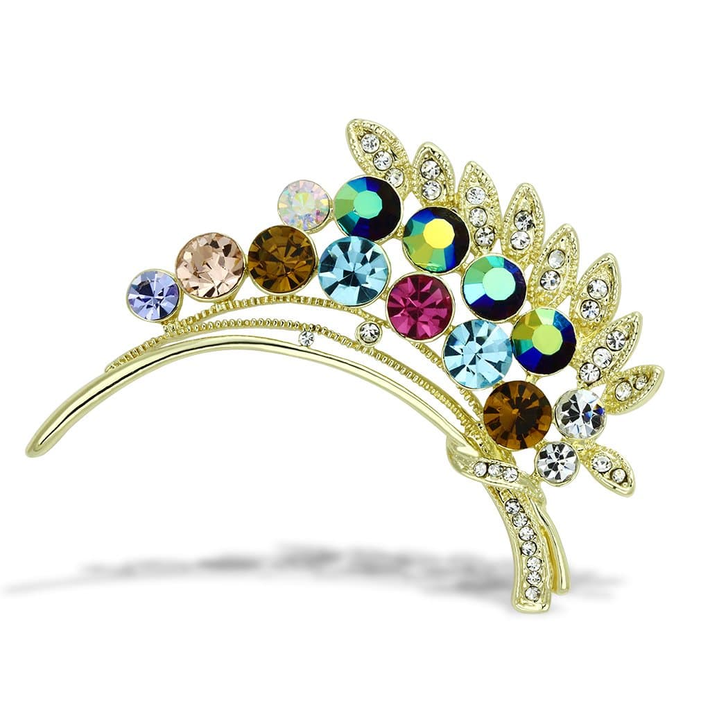 Brass Gold Multi Color Aurora Borealis Crystal Leaf Spray Brooch